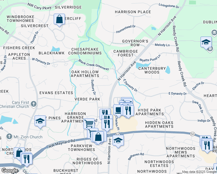 map of restaurants, bars, coffee shops, grocery stores, and more near 160 Wards Ridge Drive in Cary