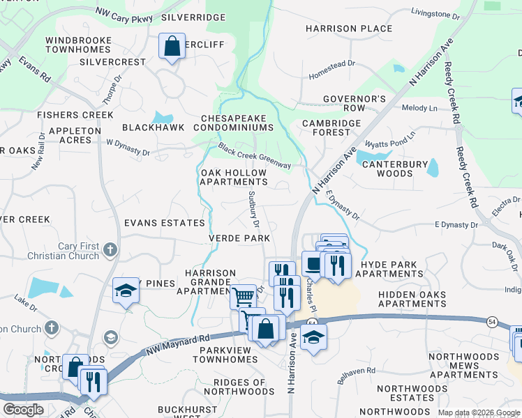map of restaurants, bars, coffee shops, grocery stores, and more near 360 Roberts Ridge Drive in Cary