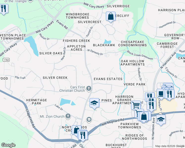 map of restaurants, bars, coffee shops, grocery stores, and more near 1122 Evans Road in Cary