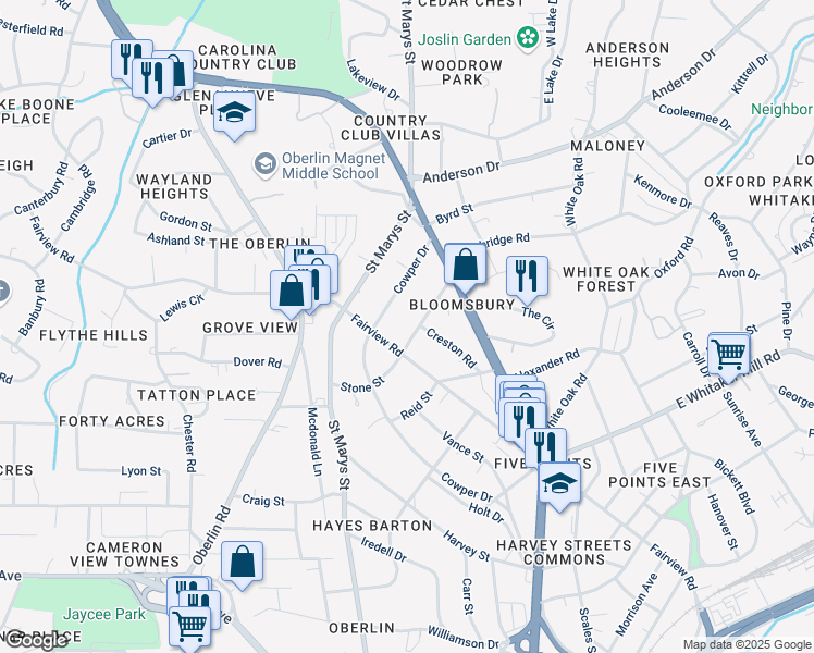 map of restaurants, bars, coffee shops, grocery stores, and more near 2111 Woodland Avenue in Raleigh