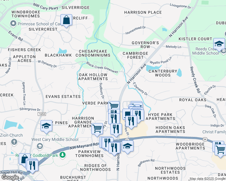 map of restaurants, bars, coffee shops, grocery stores, and more near 136 Wards Ridge Drive in Cary