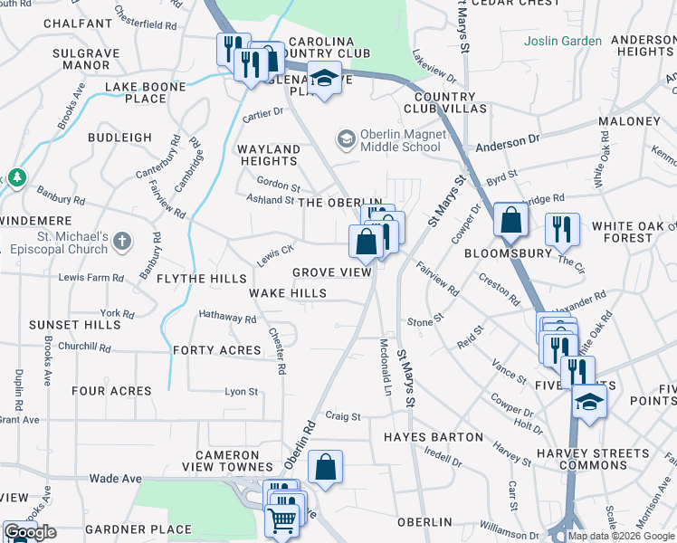 map of restaurants, bars, coffee shops, grocery stores, and more near 2627 Davis Street in Raleigh