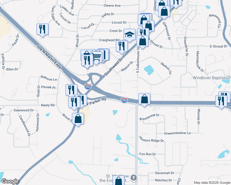 map of restaurants, bars, coffee shops, grocery stores, and more near 903 Heritage Cove in Jonesboro