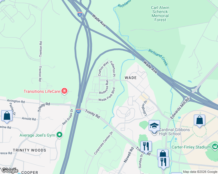 map of restaurants, bars, coffee shops, grocery stores, and more near 5530 Wade Park Boulevard in Raleigh