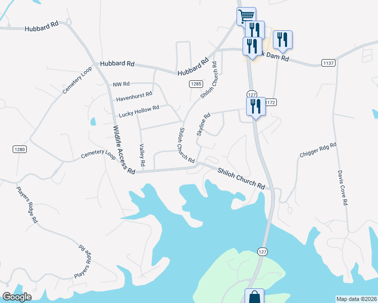 map of restaurants, bars, coffee shops, grocery stores, and more near 21 Skyline Road in Hickory