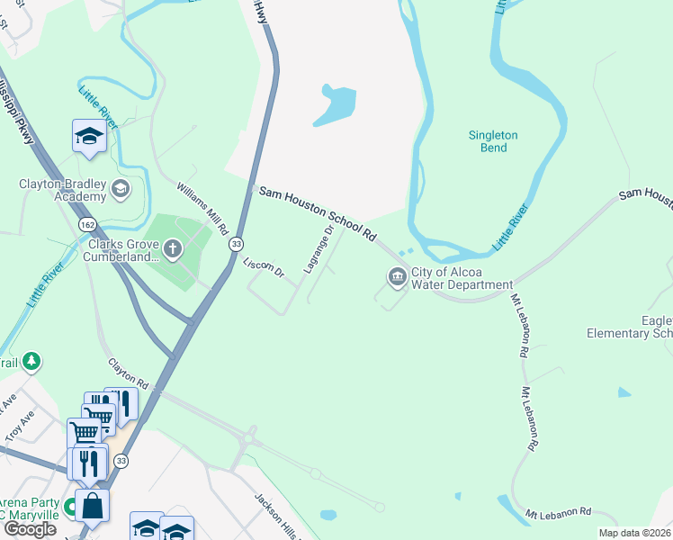 map of restaurants, bars, coffee shops, grocery stores, and more near 125 Holliday Drive in Maryville
