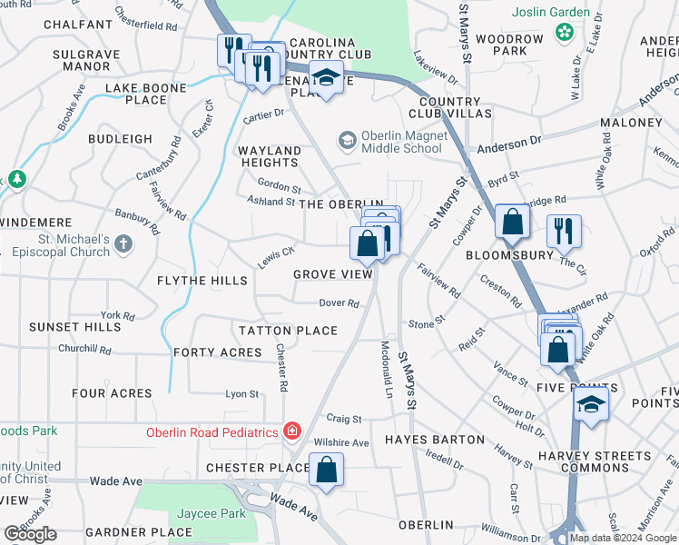 map of restaurants, bars, coffee shops, grocery stores, and more near 2626 Davis Street in Raleigh
