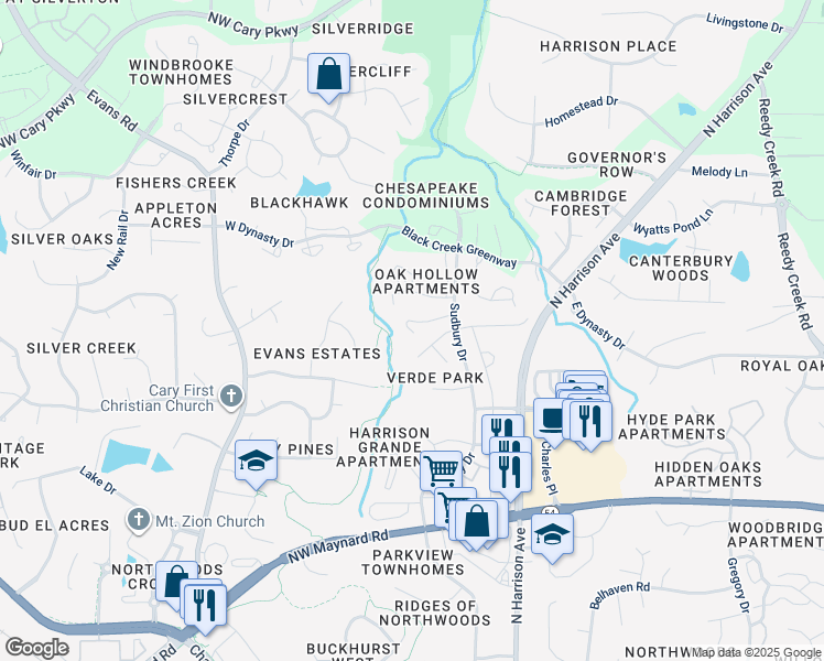 map of restaurants, bars, coffee shops, grocery stores, and more near 187 Kempwood Drive in Cary