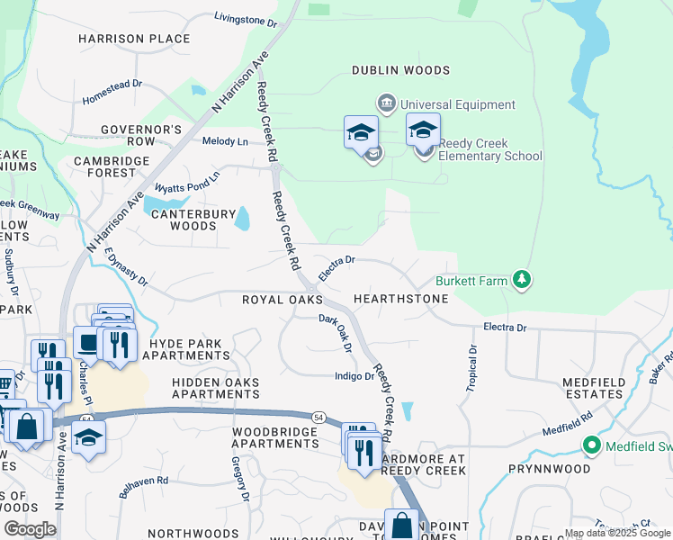 map of restaurants, bars, coffee shops, grocery stores, and more near 108 Electra Drive in Cary
