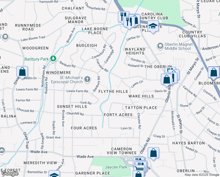 map of restaurants, bars, coffee shops, grocery stores, and more near 2704 Manning Place in Raleigh