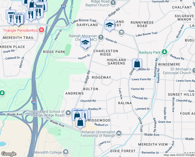 map of restaurants, bars, coffee shops, grocery stores, and more near 1523 Dellwood Drive in Raleigh