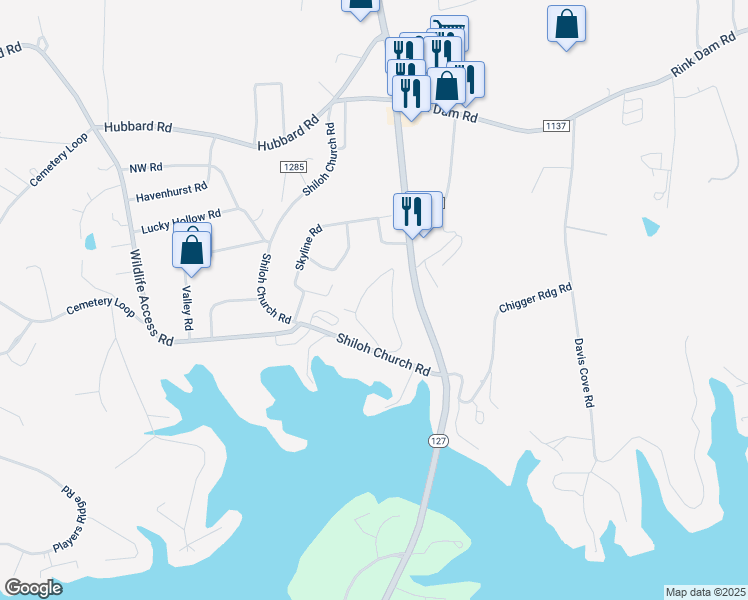 map of restaurants, bars, coffee shops, grocery stores, and more near 134 Steel Bridge Loop in Hickory