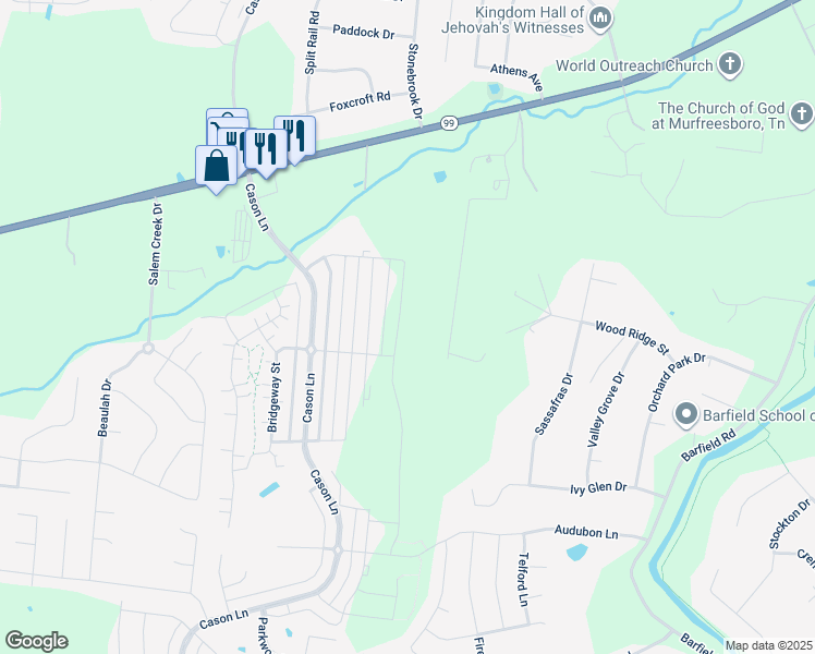 map of restaurants, bars, coffee shops, grocery stores, and more near 2193 Barringer Lane in Murfreesboro