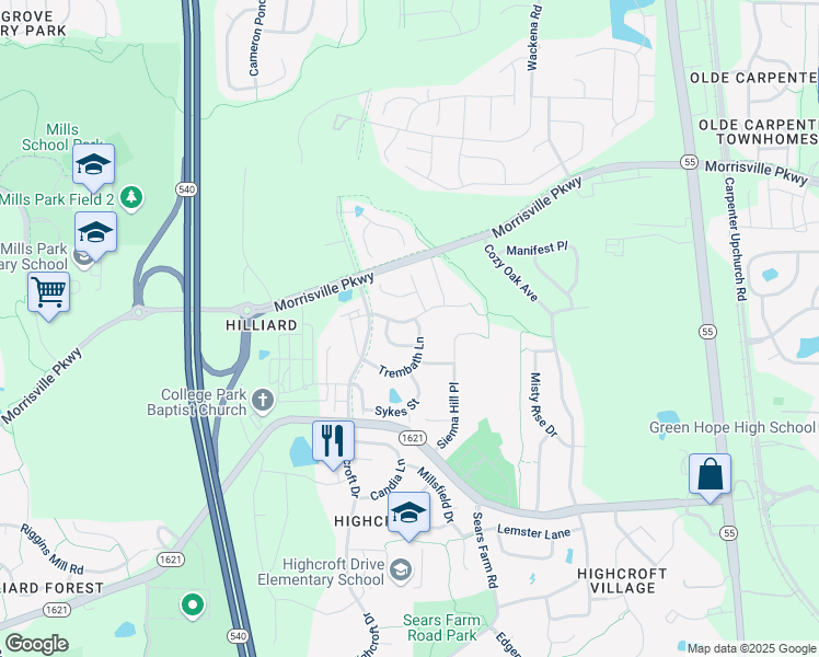 map of restaurants, bars, coffee shops, grocery stores, and more near 5245 Shergold Street in Cary