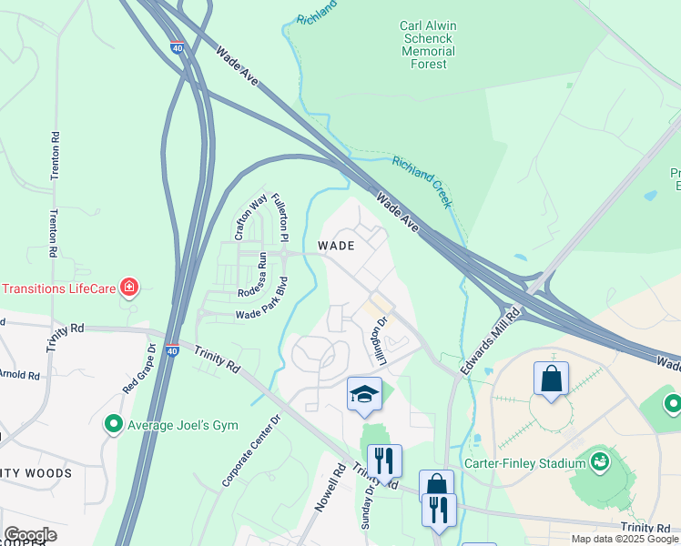 map of restaurants, bars, coffee shops, grocery stores, and more near 5453 Wade Park Boulevard in Raleigh