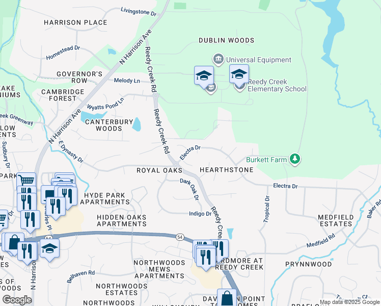 map of restaurants, bars, coffee shops, grocery stores, and more near 108 Electra Drive in Cary