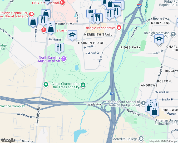 map of restaurants, bars, coffee shops, grocery stores, and more near 1904 Myron Drive in Raleigh