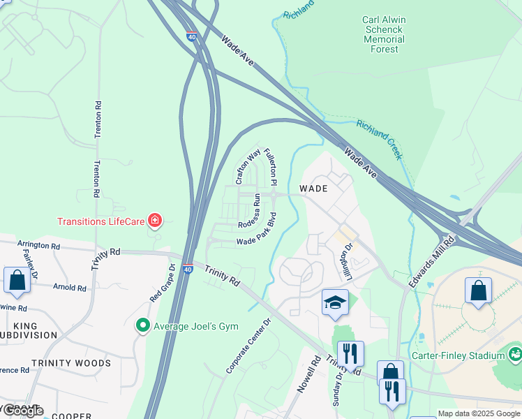 map of restaurants, bars, coffee shops, grocery stores, and more near 1402 Rodessa Run in Raleigh