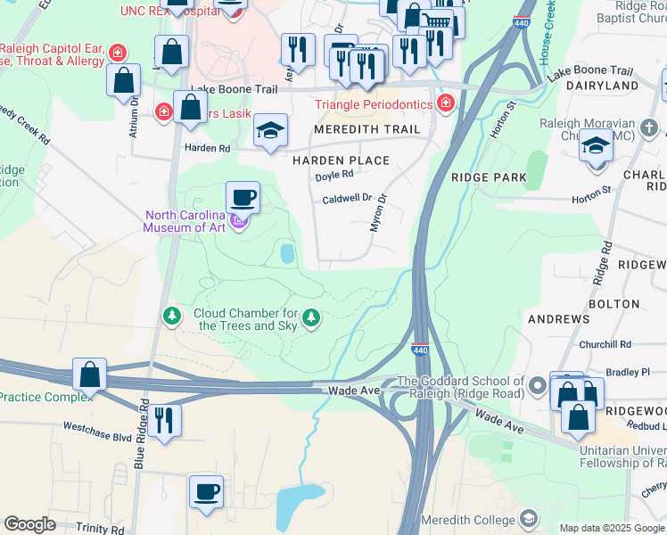 map of restaurants, bars, coffee shops, grocery stores, and more near 1904 Myron Drive in Raleigh