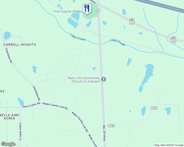 map of restaurants, bars, coffee shops, grocery stores, and more near 15335 North Carolina 39 in Zebulon