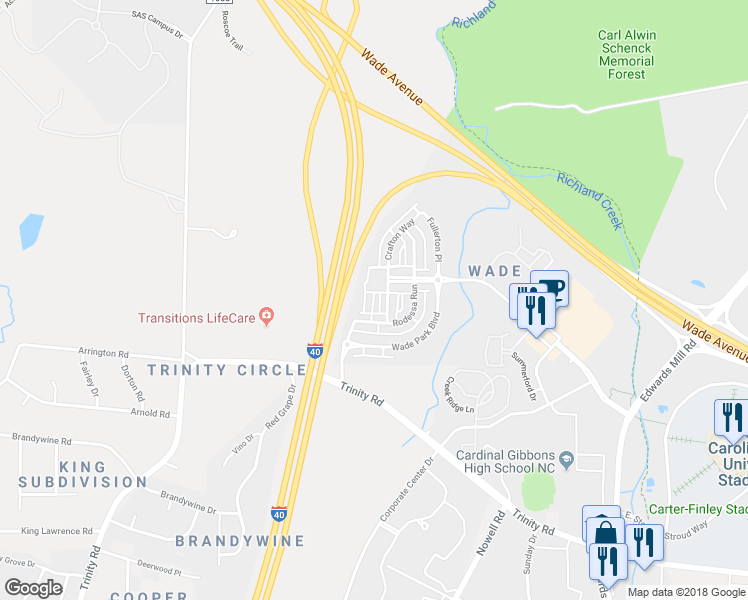 map of restaurants, bars, coffee shops, grocery stores, and more near 1411 Ardara Lane in Raleigh