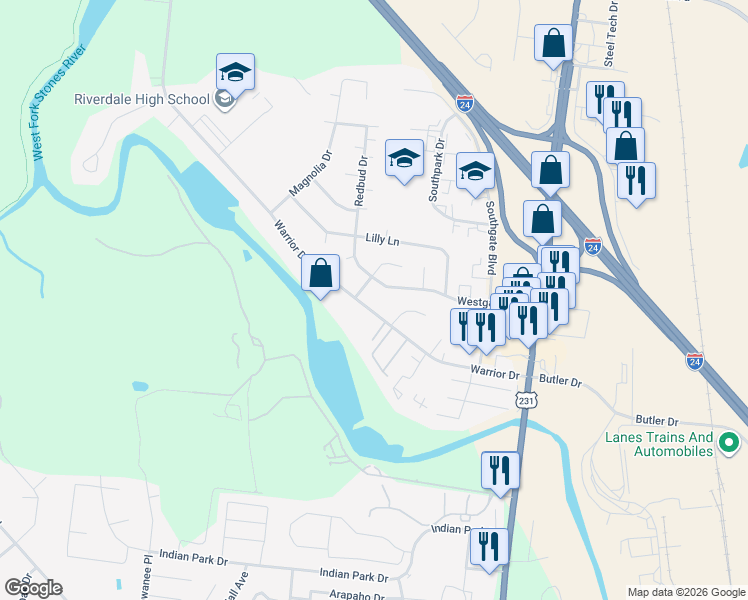 map of restaurants, bars, coffee shops, grocery stores, and more near 432 Warrior Drive in Murfreesboro
