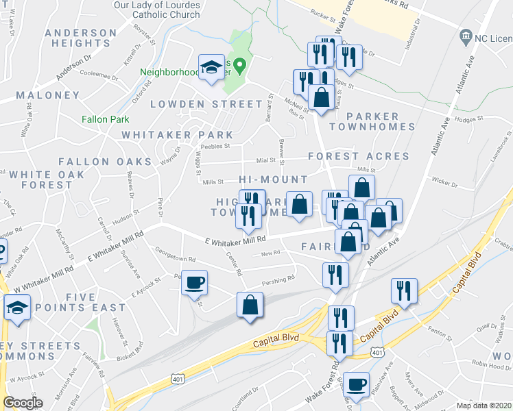 map of restaurants, bars, coffee shops, grocery stores, and more near 641 Highpark Lane in Raleigh