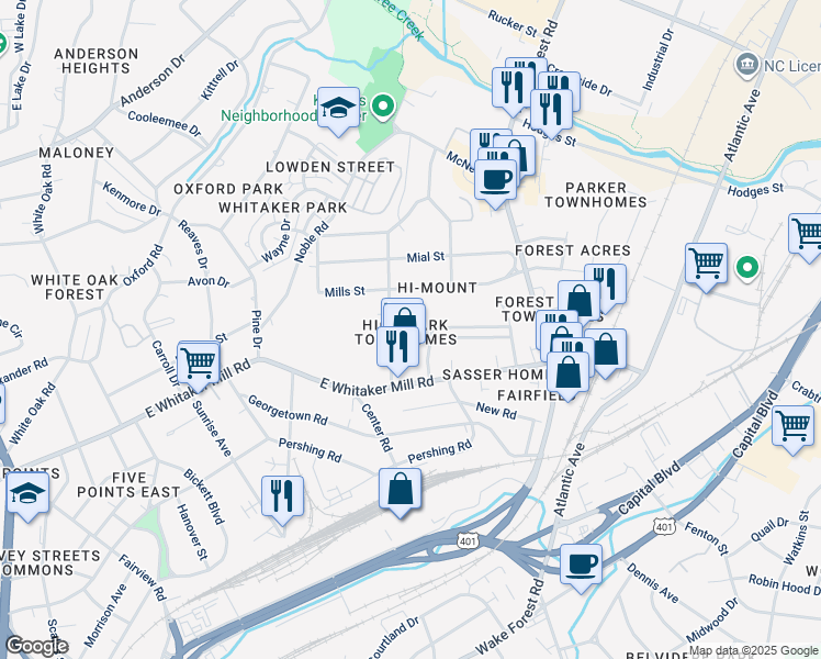 map of restaurants, bars, coffee shops, grocery stores, and more near 641 Highpark Lane in Raleigh