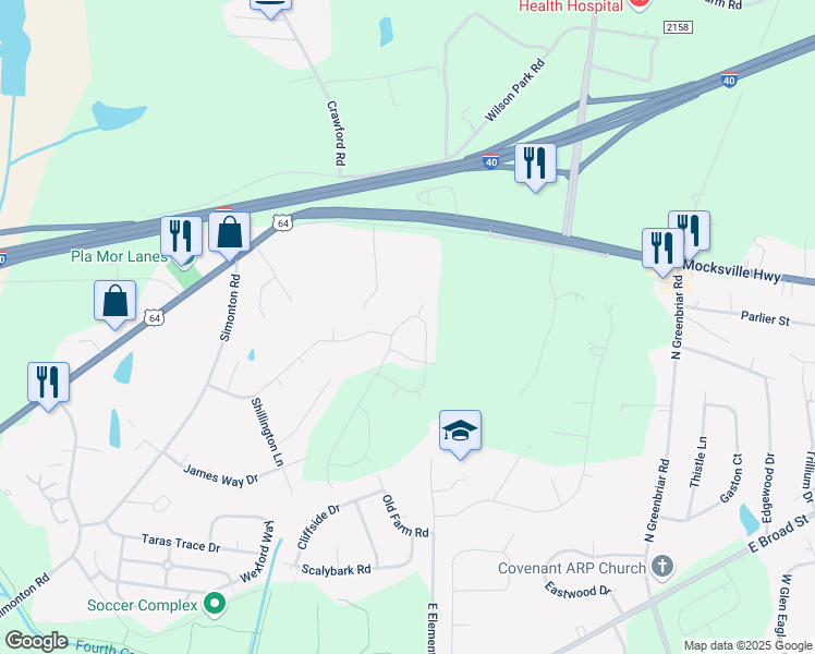 map of restaurants, bars, coffee shops, grocery stores, and more near 2610 Andes Drive in Statesville