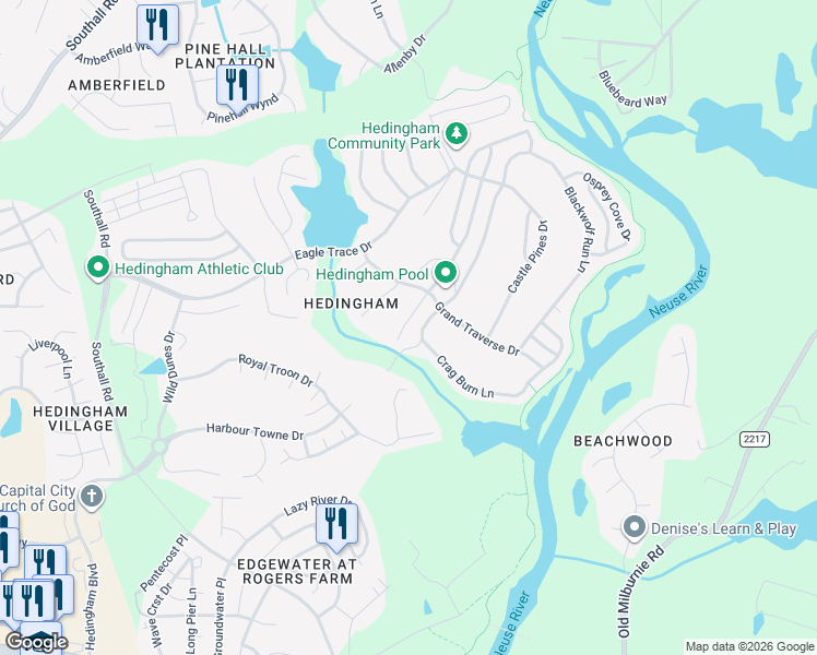 map of restaurants, bars, coffee shops, grocery stores, and more near 1900 Shadow Glen Drive in Raleigh
