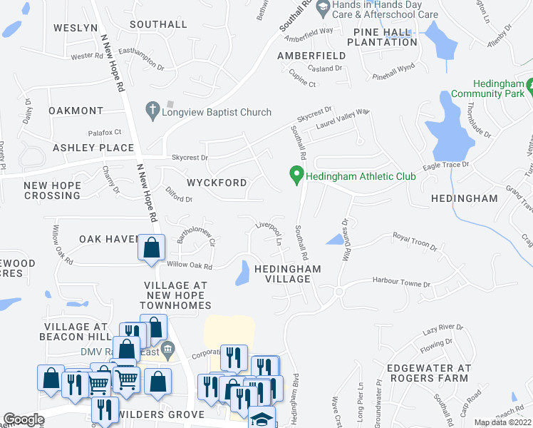 map of restaurants, bars, coffee shops, grocery stores, and more near 4709 Worchester Place in Raleigh