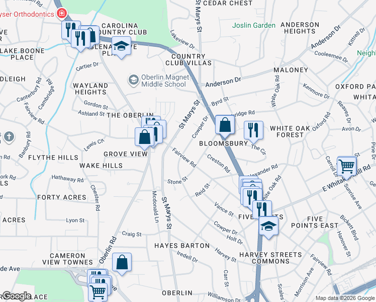 map of restaurants, bars, coffee shops, grocery stores, and more near 2311 Fairview Road in Raleigh