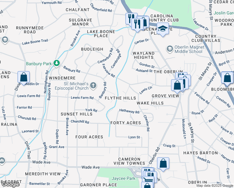 map of restaurants, bars, coffee shops, grocery stores, and more near 2704 Manning Place in Raleigh