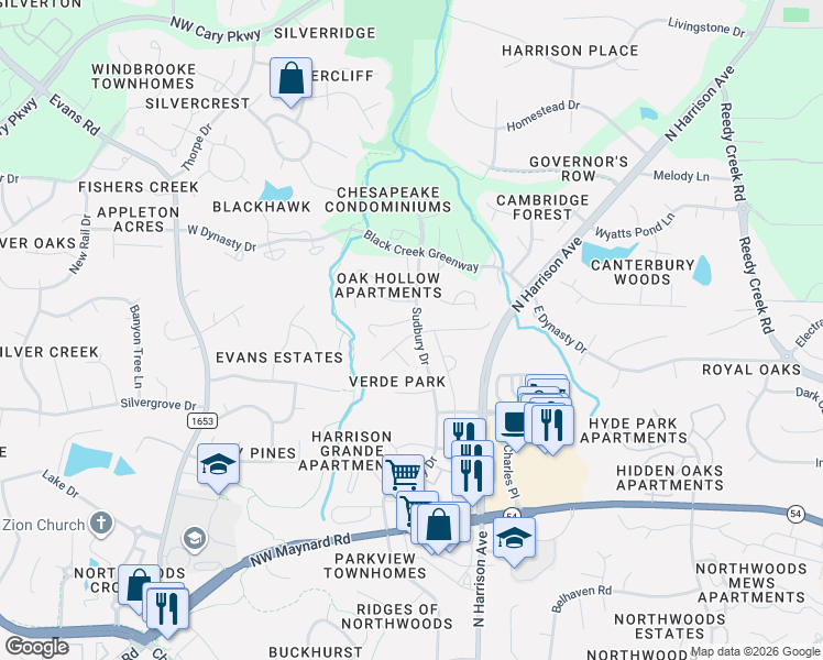 map of restaurants, bars, coffee shops, grocery stores, and more near 100 Gorecki Place in Cary