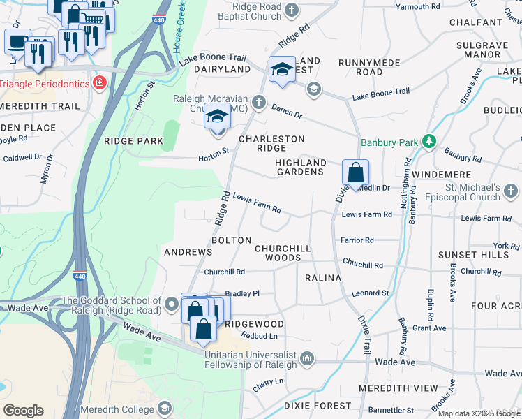 map of restaurants, bars, coffee shops, grocery stores, and more near 3401 Lewis Farm Road in Raleigh