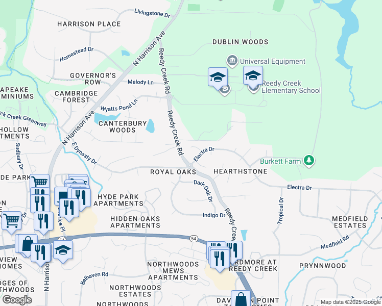 map of restaurants, bars, coffee shops, grocery stores, and more near 105 Angora Court in Cary