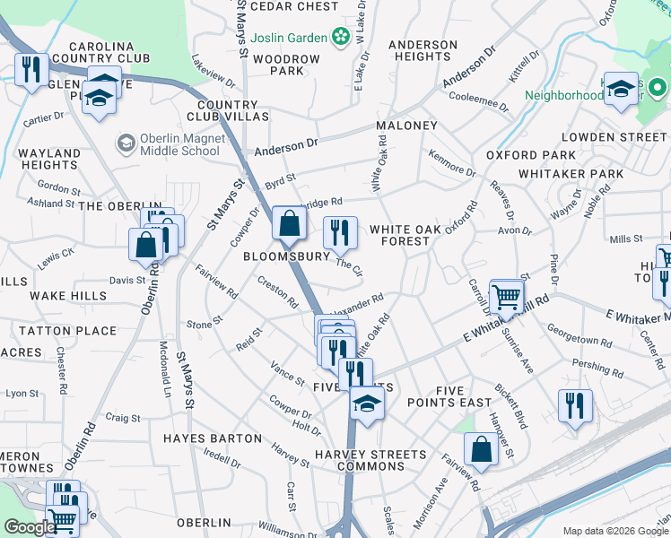 map of restaurants, bars, coffee shops, grocery stores, and more near 2215 The Circle in Raleigh