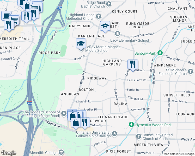 map of restaurants, bars, coffee shops, grocery stores, and more near 3401 Lewis Farm Road in Raleigh