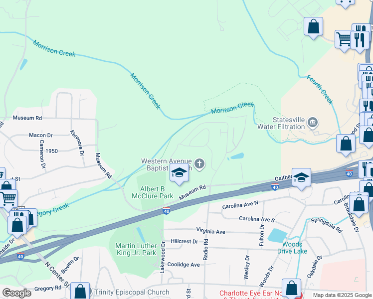 map of restaurants, bars, coffee shops, grocery stores, and more near Unnamed Road in Statesville