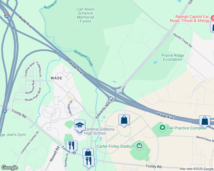 map of restaurants, bars, coffee shops, grocery stores, and more near Edwards Mill Road in Raleigh