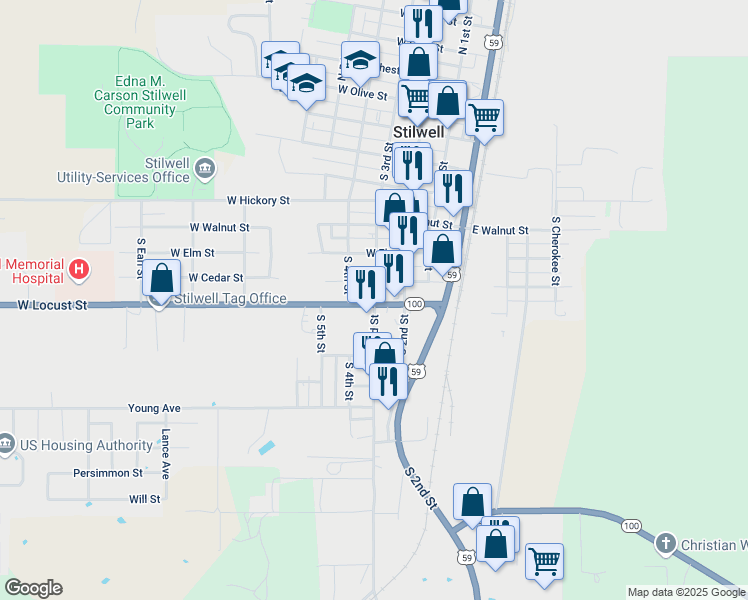 map of restaurants, bars, coffee shops, grocery stores, and more near 300 West Locust Street in Stilwell