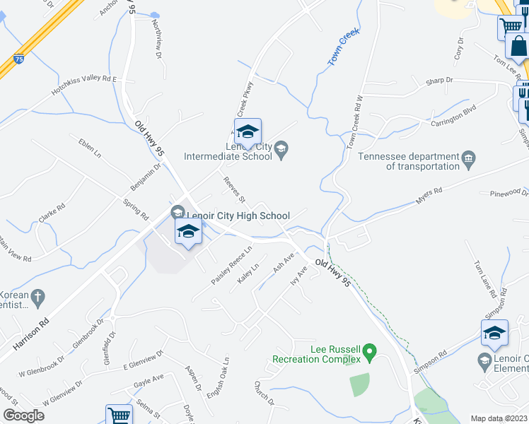 map of restaurants, bars, coffee shops, grocery stores, and more near 524 Wilson Street in Lenoir City