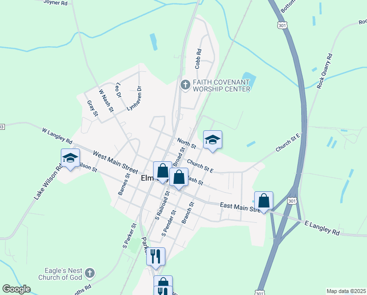 map of restaurants, bars, coffee shops, grocery stores, and more near Broad Street in Elm City