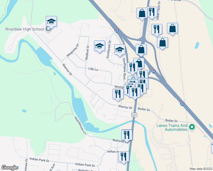 map of restaurants, bars, coffee shops, grocery stores, and more near 411 Westgate Boulevard in Murfreesboro