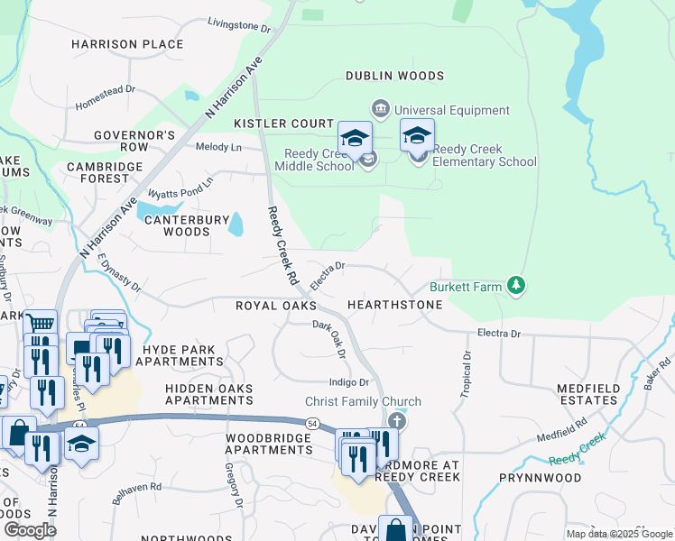 map of restaurants, bars, coffee shops, grocery stores, and more near 110 Electra Drive in Cary