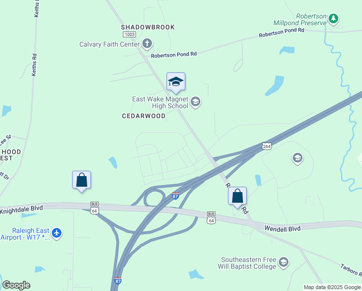 map of restaurants, bars, coffee shops, grocery stores, and more near 9021 U.S. 64 in Knightdale