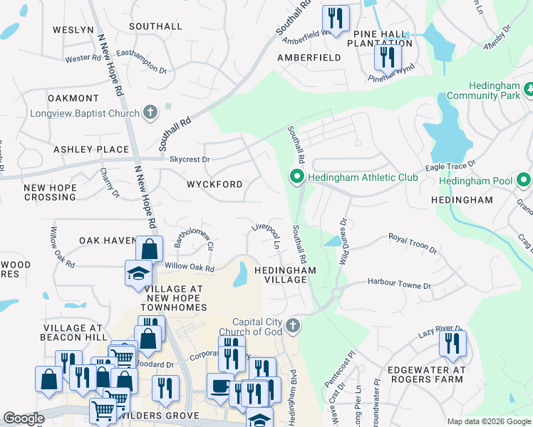 map of restaurants, bars, coffee shops, grocery stores, and more near 4508 Liverpool Lane in Raleigh