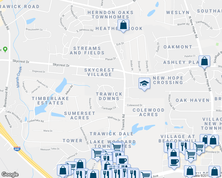map of restaurants, bars, coffee shops, grocery stores, and more near 2316 Carthage Circle in Raleigh