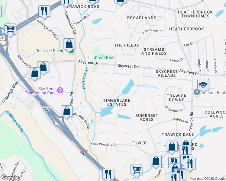 map of restaurants, bars, coffee shops, grocery stores, and more near 2126 Timberlake Drive in Raleigh