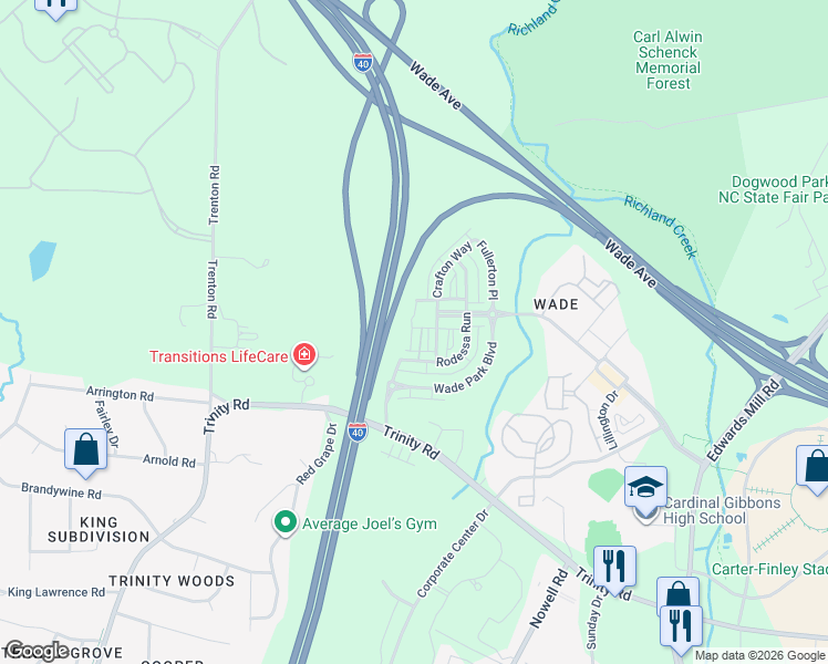 map of restaurants, bars, coffee shops, grocery stores, and more near 1301 Rodessa Run in Raleigh
